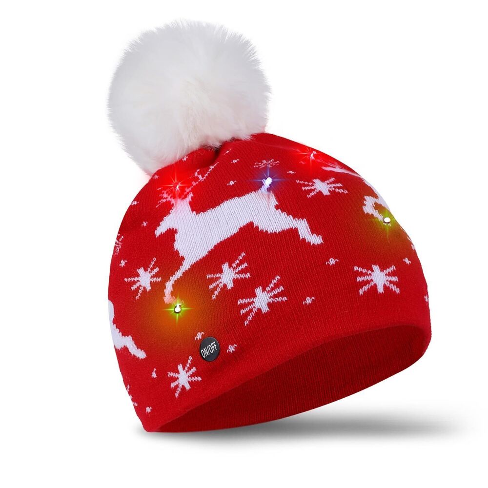4275 Light Up Christmas Santa Hat with Glowing Reindeer - Festive Knitted